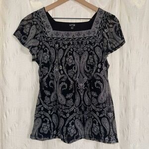 Apt. 9 Blouse Black Gray Paisley Square Neck Flutter Sleeve Boho Top Small S